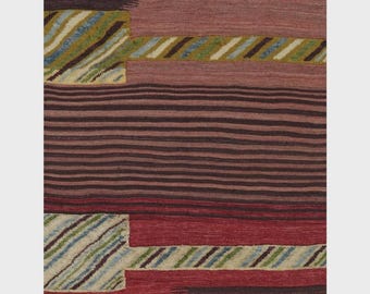 Handcrafted Wool Kilim Rug | Brown, Burgundy, Green Flat-Weave (3'8" x 6'5")
