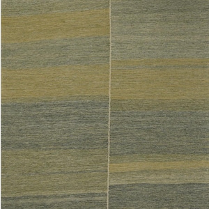 May include: A rectangular rug with horizontal stripes in shades of olive green, gray, and tan. A vertical off-white seam runs down the right side, dividing the rug into two sections. The rug has a textured appearance.