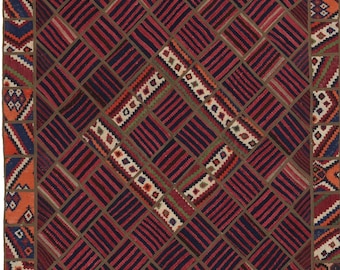 5x7 Vintage Patchwork Kilim Wool Rug — Rich Geometric Design One-of-a-kind Statement Piece