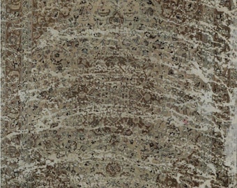 Vintage Distressed Wool Rug 10x11 – Hand-Knotted Beige Brown Floral One of a Kind Area Rug