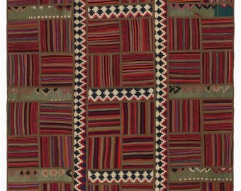 4x6 Patchwork Kilim Wool Rug – Bold Geometric Design One-of-a-kind Statement Piece