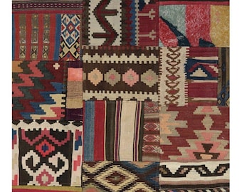 May include: A patchwork rug with a variety of geometric patterns and colors. The rug features rectangular patches in shades of red, blue, brown, and cream. The design includes stripes, diamonds, and zigzags, creating a vibrant and textured appearance.