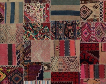 6x7 Patchwork Kilim Wool Rug — Geometric Eclectic Design One-of-a-kind Statement Piece
