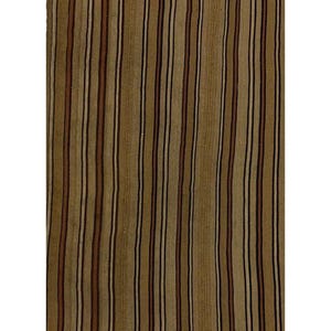 May include: A close-up of a woven textile with vertical stripes. The stripes alternate between shades of brown, beige, and black. The textile has a textured appearance, suggesting a natural fiber material.
