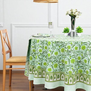 Green Floral Block Print Tablecloth: Handmade Cotton Dining Table Cover