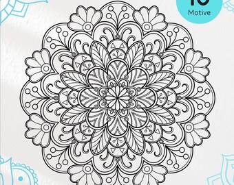 Könnte beinhalten: Ein Malbuch-Cover mit dem Wort "MANDALAS" in großen schwarzen Buchstaben. Darunter steht der Text "ZUM AUSMALEN". Ein detailliertes schwarz-weißes Mandala-Design ist zentriert, mit einem türkisfarbenen Kreis, der "10 Motive" anzeigt. Der untere Teil hat Text auf Deutsch.