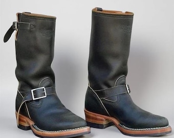 Handmade Black Leather Engineer Boots | Buckle Biker Motorcycle Style