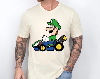 Luigi Mario Kart T-shirt, Nintendo Gaming Character Graphic Unisex Tee, Retro Video Game Apparel Gift for Gamers