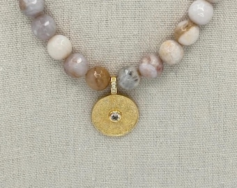 Faceted Agate Necklace with Goldtone CZ Pendant