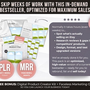May include: Image of a digital product bundle with the text "SKIP WEEKS OF WORK WITH THIS IN-DEMAND BESTSELLER". Includes templates, guides, and the text "PLR EDIT + RESELL TODAY" and "MRR PASS RESELL RIGHTS". A pink circle indicates a 70% off sale.