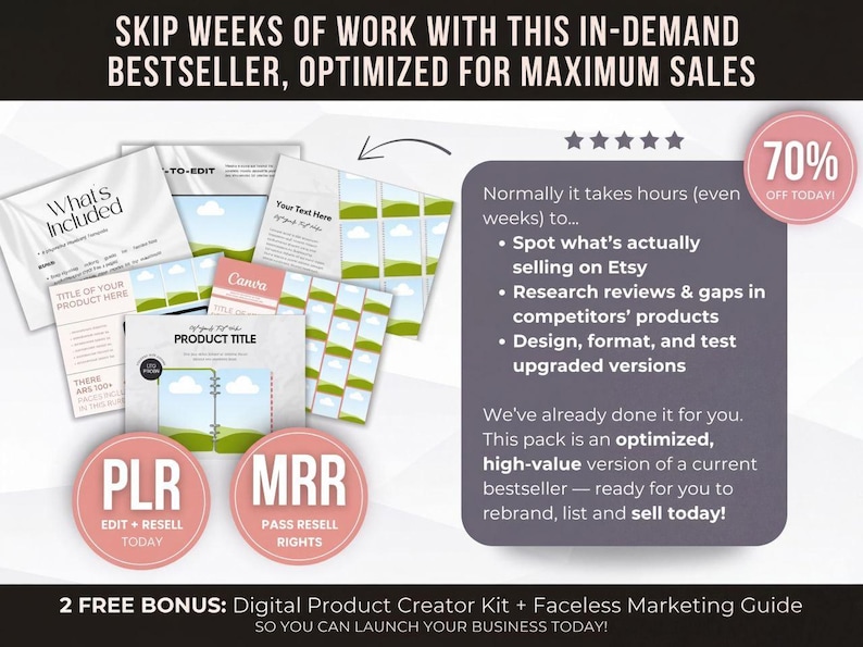 May include: Image of a digital product bundle with the text "SKIP WEEKS OF WORK WITH THIS IN-DEMAND BESTSELLER". Includes templates, guides, and the text "PLR EDIT + RESELL TODAY" and "MRR PASS RESELL RIGHTS". A pink circle indicates a 70% off sale.