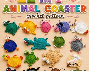 22 Animal Crochet Coaster Patterns Bundle | Cute Mug Huggers & Animal Cup Holders | PDF + Video Tutorials, Gift