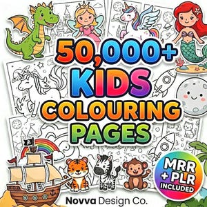 May include: A collection of 50,000+ kids coloring pages featuring black and white line art illustrations of a green dragon, a fairy, a unicorn, a mermaid, a pirate ship, a tiger, a zebra, and a monkey, with the text 50,000+ KIDS COLOURING PAGES.