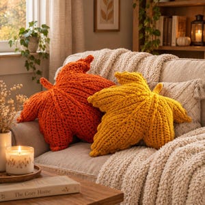 May include: Two decorative throw pillows shaped like autumn leaves, one in a vibrant orange and the other in a mustard yellow. Both pillows feature a chunky knit texture with visible stitching, resting on a light beige sofa with a textured throw blanket.