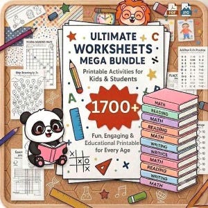 May include: A digital printable worksheet bundle featuring a central document titled Ultimate Worksheets Mega Bundle with 1700+ activities. The display includes a stack of colourful books labelled math, reading, and writing, plus a cartoon panda.