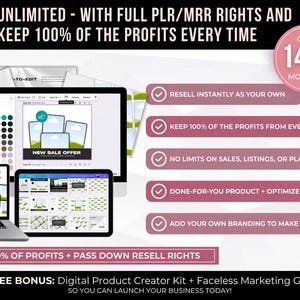 May include: Image promoting digital products with the text "SELL UNLIMITED - WITH FULL PLR/MRR RIGHTS AND KEEP 100% OF THE PROFITS EVERY TIME." It shows a laptop, tablet, and monitor displaying product mockups. Text highlights benefits like "Resell instantly as your own."