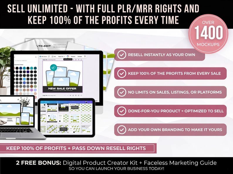 May include: Image promoting digital products with the text "SELL UNLIMITED - WITH FULL PLR/MRR RIGHTS AND KEEP 100% OF THE PROFITS EVERY TIME." It shows a laptop, tablet, and monitor displaying product mockups. Text highlights benefits like "Resell instantly as your own."