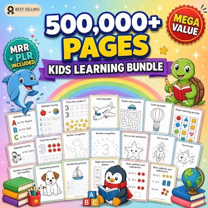 May include: A colorful kids' learning bundle with the text "500,000+ PAGES." The image features a dolphin, a turtle, and various educational worksheets for tracing, coloring, and math. Includes alphabet tracing, number recognition, and dot-to-dot activities.