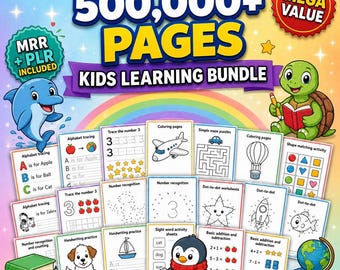 500,000+ Kids Learning Bundle Coloring Pages Worksheets Activities PLR MRR Rights Digital Download Printables, Gift