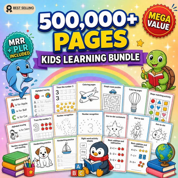 500,000+ Kids Learning Bundle Coloring Pages Worksheets Activities PLR MRR Rights Digital Download Printables, Gift