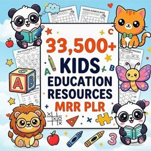 Può includere: Una collezione digitale di 33.500+ risorse educative per bambini con il testo MRR PLR, circondata da illustrazioni di un panda che legge, un gatto arancione, un leone, una farfalla, un blocco alfabetico, mele, pastelli e schede didattiche.