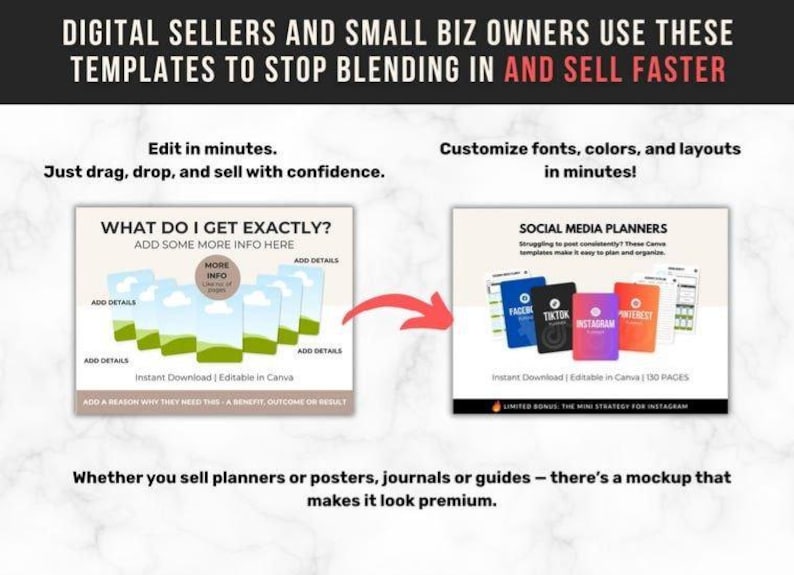 May include: Image promoting digital templates for small businesses. Text reads: "DIGITAL SELLERS AND SMALL BIZ OWNERS USE THESE TEMPLATES TO STOP BLENDING IN AND SELL FASTER." Includes mockups of social media planners and Canva templates.