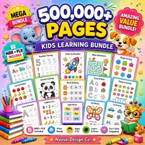 May include: A digital kids learning bundle featuring 500,000+ pages of educational activities including number tracing, color by number, mazes, shape sorting, letter practice, animal coloring, word building, and math worksheets with a colorful rainbow background.