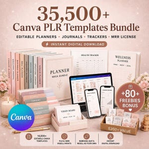 Puede incluir: Un paquete de plantillas Canva PLR, que incluye planificadores, diarios y rastreadores. La imagen muestra una computadora portátil, teléfonos inteligentes y varios materiales impresos con el texto "35,500+ Canva PLR Templates Bundle".