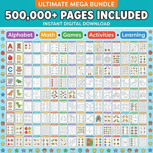 May include: A digital download bundle with over 500,000 pages of educational activities. The bundle includes alphabet, math, games, activities, and learning materials. The image features colorful cards with illustrations and text, perfect for kids.