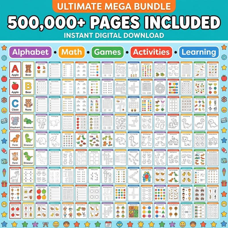May include: A digital download bundle with over 500,000 pages of educational activities. The bundle includes alphabet, math, games, activities, and learning materials. The image features colorful cards with illustrations and text, perfect for kids.