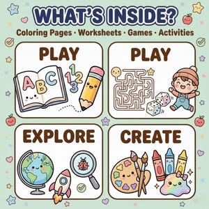 K&ouml;nnte beinhalten: Eine farbenfrohe Lernillustration mit dem Text "WHAT'S INSIDE?" und den Worten "Malvorlagen &bull; Arbeitsbl&auml;tter &bull; Spiele &bull; Aktivit&auml;ten." Das Bild zeigt Illustrationen eines offenen Buches, eines Bleistifts, eines Labyrinths, W&uuml;rfeln, eines Globus, einer Rakete, einer Lupe, einer Farbpalette, Buntstiften und einem Regenbogenklecks.