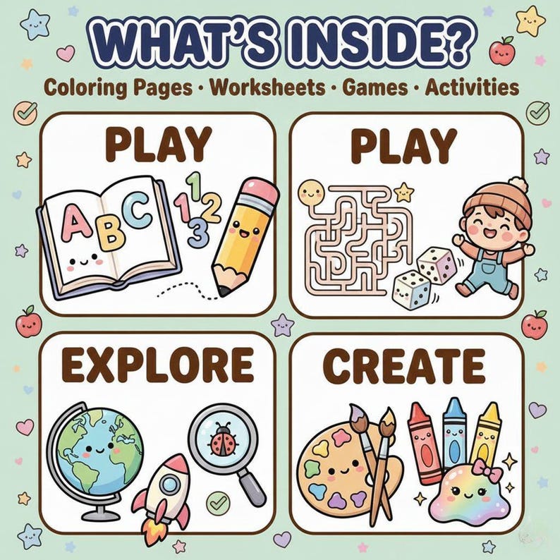 K&ouml;nnte beinhalten: Eine farbenfrohe Lernillustration mit dem Text "WHAT'S INSIDE?" und den Worten "Malvorlagen &bull; Arbeitsbl&auml;tter &bull; Spiele &bull; Aktivit&auml;ten." Das Bild zeigt Illustrationen eines offenen Buches, eines Bleistifts, eines Labyrinths, W&uuml;rfeln, eines Globus, einer Rakete, einer Lupe, einer Farbpalette, Buntstiften und einem Regenbogenklecks.