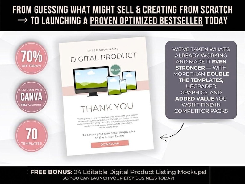 Paquete de 70 plantillas de instrucciones de descarga para Etsy, herramientas editables de Canva para la entrega de productos digitales y páginas de agradecimiento con derechos PLR. imagen 5