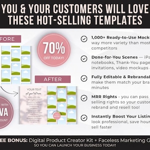 May include: Promotional graphic with the text "YOU & YOUR CUSTOMERS WILL LOVE THESE HOT-SELLING TEMPLATES." Includes a "70% OFF TODAY!" circle, mockups, and Canva customization. Features include ready-to-use mockups and rebrandable templates.