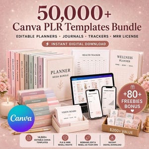 Op de afbeelding: Een digitaal productpakket met 50.000+ Canva PLR-sjablonen, inclusief planners, journals en trackers. De set toont diverse ingebonden boeken, een laptop, twee smartphones en kaarten met het label Vision Board in een zachtroze kleurenpalet.