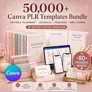 May include: A collection of Canva PLR templates, including planners, journals, and trackers. The image shows a laptop, smartphones, and various notebooks and cards. Text includes "50,000+ Canva PLR Templates Bundle" and "Instant Digital Download."