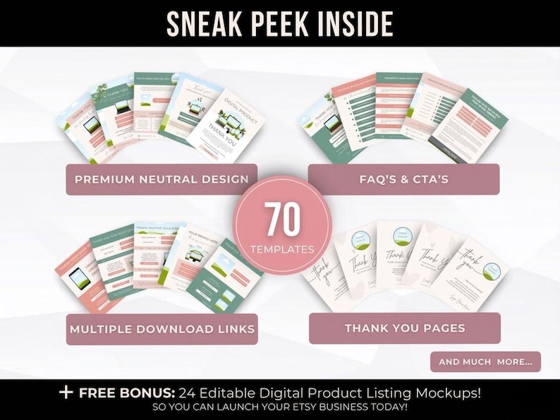 Paquete de 70 plantillas de instrucciones de descarga para Etsy, herramientas editables de Canva para la entrega de productos digitales y páginas de agradecimiento con derechos PLR. imagen 4