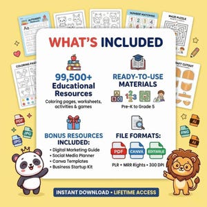K&ouml;nnte beinhalten: Grafik mit Bildungsressourcen mit dem Text &bdquo;WAS ENTHALTEN IST&ldquo; und &bdquo;99.500+ Bildungsressourcen&ldquo;. Enth&auml;lt Malvorlagen, Arbeitsbl&auml;tter und Spiele. Bonusressourcen umfassen einen digitalen Marketing-Leitfaden und Canva-Vorlagen. Dateiformate: PDF und Canva.