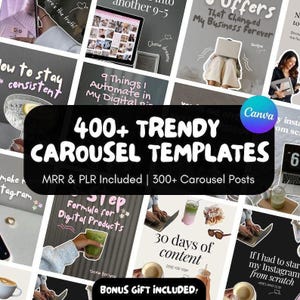 May include: A digital collection of 400+ trendy carousel templates for social media, featuring various layouts with text overlays like 30 days of content, 5 step formula for digital products, and 9 things to automate in my digital biz.