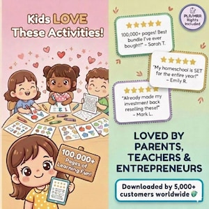 May include: Colorful illustration promoting kids' learning activities. The image features children drawing and playing games. Text includes "Kids LOVE These Activities!" and testimonials. Also includes "100,000+ Pages of Learning Fun!" and "Loved by Parents, Teachers & Entrepreneurs."