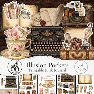 Illusion Pockets Junk Journals, Kit di effimeri interattivi stampabili, Gabinetto delle curiosità vintage, Macchina fotografica a forma di valigia, Macchina da scrivere a forma di tazza da tè, viaggio, Regalo