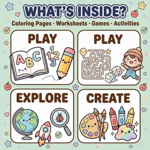 May include: A colorful illustration with the text "WHAT'S INSIDE?" and the words "Coloring Pages &bull; Worksheets &bull; Games &bull; Activities." The image features playful graphics of an open book, a pencil, a maze, a globe, a rocket, and art supplies.