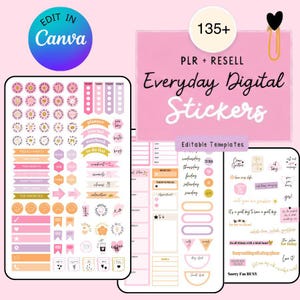 Puede incluir: Conjunto de pegatinas digitales en tonos rosas y morados. Incluye varias pegatinas de planificador con textos como "to do list", "journal" y "workout". La imagen también muestra el texto "Everyday Digital Stickers".