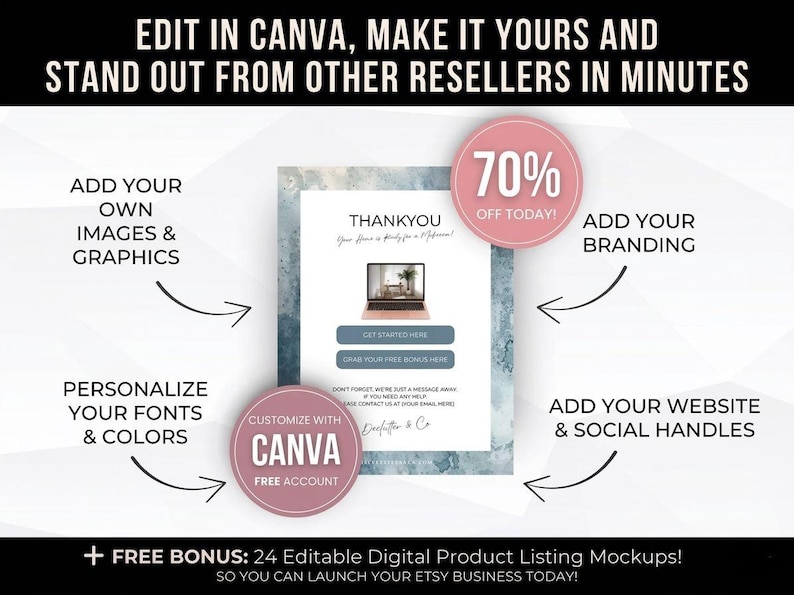 Puede incluir: Gr&aacute;fico promocional con texto: "EDIT IN CANVA, MAKE IT YOURS AND STAND OUT FROM OTHER RESELLERS IN MINUTES." Ofrece opciones de personalizaci&oacute;n: agregar im&aacute;genes, marca, sitio web, redes sociales y personalizar fuentes y colores. Incluye una oferta del 70% de descuento hoy.