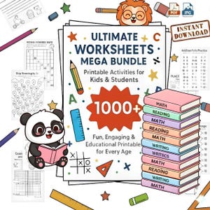 May include: A collection of printable worksheets for kids and students. The image features a panda reading a book, a stack of colorful books labeled with subjects, and the text "ULTIMATE WORKSHEETS MEGA BUNDLE".