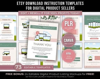 70 Etsy Download Instruction Templates Bundle, Editable Canva Shop Tools For Digital Product Delivery & Thank You Pages With PLR Rights