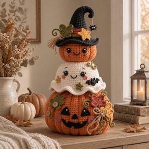 May include: A stacked crochet Halloween decoration featuring a large orange jack-o'-lantern base, a white ghost middle layer, and a small orange pumpkin top wearing a black witch hat with a yellow star, green leaves, and a small black spider.
