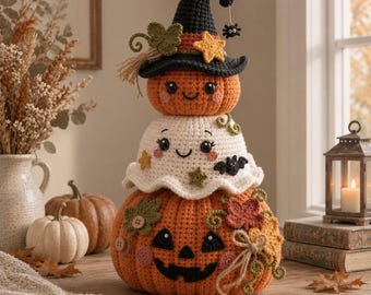 Crochet Pumpkin Ghost Stack PDF Pattern, Halloween Amigurumi Decor, Cute Fall Crochet Tutorial, Witch Hat Pattern, Gift
