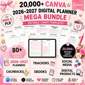 Op de afbeelding: Een digitaal planner-megapakket met meer dan 20.000 bewerkbare Canva-sjablonen voor 2026-2027. Bevat jaaroverzichten, manifestatiejournalen, week- en dagplannen, gewoonte- en stemmingstrackers, doelstellingen, financiële overzichten en extraatjes.
