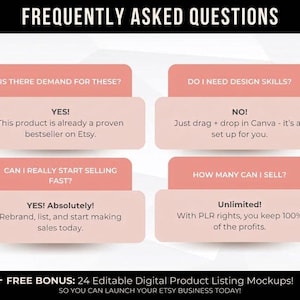 Puede incluir: Infograf&iacute;a con el t&iacute;tulo "PREGUNTAS FRECUENTES" y respuestas sobre la venta en Etsy. Las preguntas y respuestas se muestran en cuadros rosas y blancos. La imagen tambi&eacute;n incluye una oferta de bonificaci&oacute;n de maquetas de productos digitales editables.